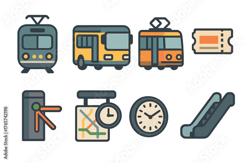 Modern public transportation and city transit symbols including train, bus, tram, ticket, turnstile, and map
