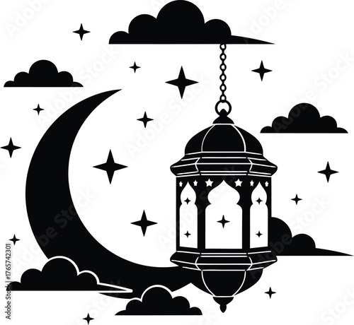 Elegant vector illustration of a crescent moon, stars, and an ornate Arabic lantern, perfect for night-themed cultural designs