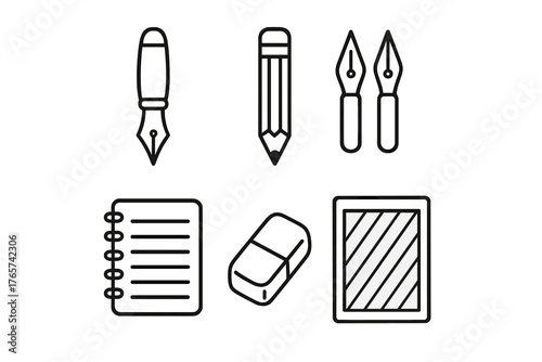 Outline symbols for stationery items: fountain pen, pencil, notepad, eraser, and drawing accessories