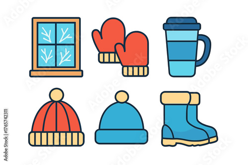 Collection of winter season symbols featuring warm clothing, hot drink, and frosted window