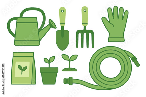Collection of essential green gardening tools and supplies for planting and growing