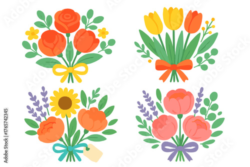 Assortment of spring and summer bouquets with blooming flowers and greenery