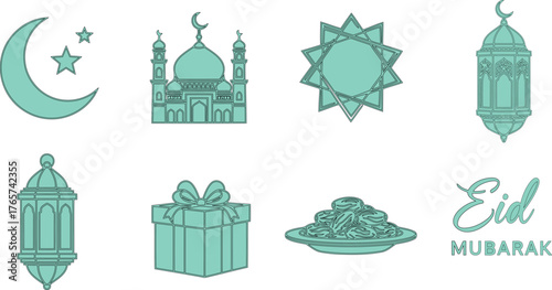 Elegant Islamic Symbols and Elements for Eid Mubarak Celebrations and Ramadan Festive Designs Vector Collection