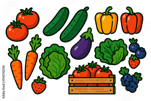 Colorful assortment of fresh healthy vegetables and fruits including tomatoes and berries