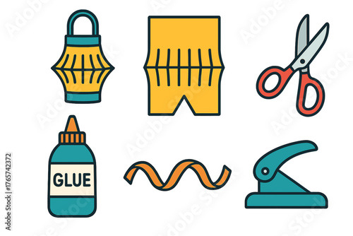 Colorful collection of crafting supplies and tools icons including scissors, glue, paper, and hole puncher