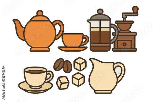 Kitchen utensils and ingredients for making hot beverages like coffee and tea