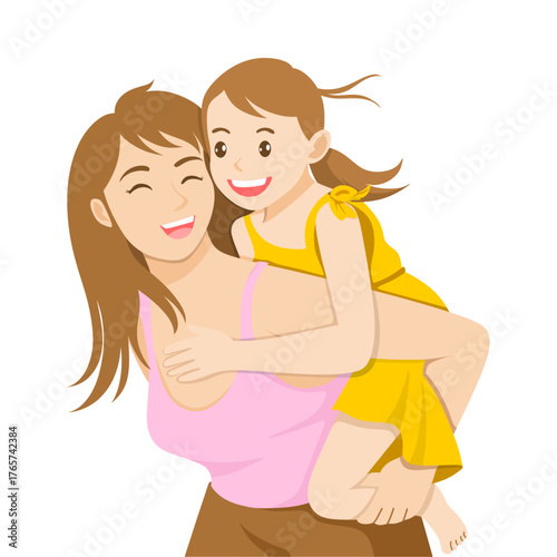 A joyful mother is giving a piggyback ride to her happy young daughter.