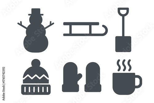Monochrome set of winter items: snowman, sled, shovel, hat, mittens, and hot beverage mug