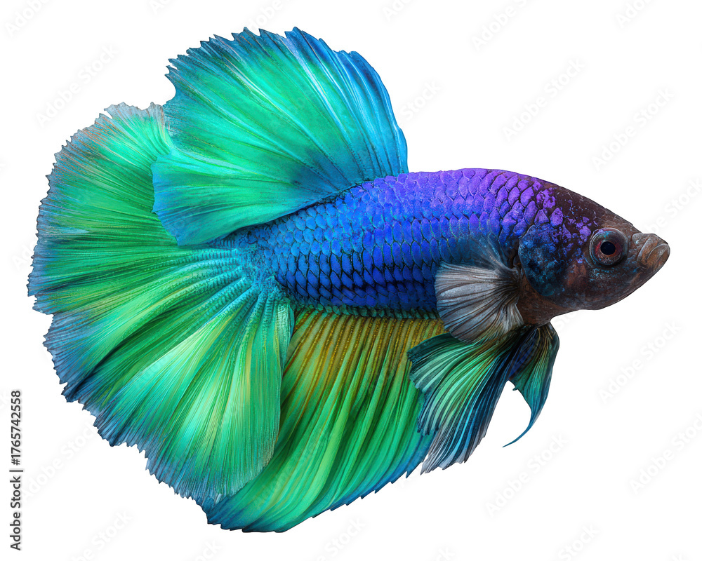 Fototapeta premium Colorful blue and green betta fish, tropical aquatic animal pet with long tail swimming gracefully. Vibrant siamese fighting fish isolated on transparent background