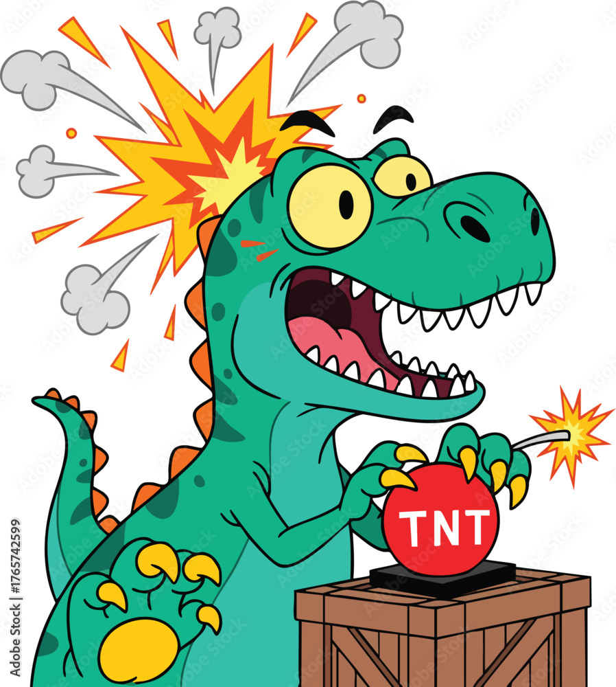 Obraz premium Cartoon dinosaur pressing a tnt detonator with explosion