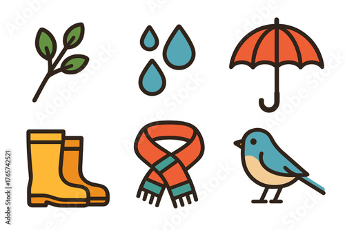 Colorful autumn and rainy weather elements: umbrella, rubber boots, scarf, leaves, raindrops, and small bird