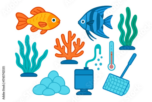 Colorful set of aquarium elements including tropical fish, coral, seaweed, and equipment