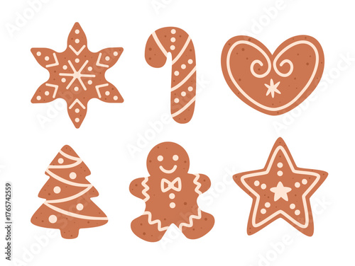 Gingerbread cookies set. Vector illustration of Christmas baking. Cartoon flat style.
