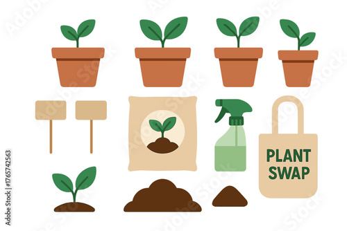 Essential gardening and planting supplies set with potted seedlings, soil, spray bottle, and plant swap tote bag