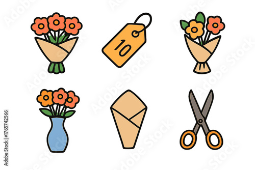 Flower bouquets, vase, price tag, and scissors for floristry and gift shop business