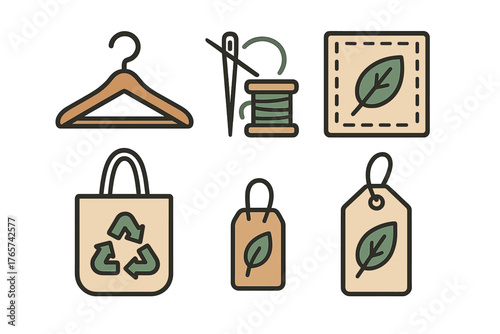 Sustainable fashion and textile production concepts with recycling bag, clothing hanger, sewing kit, and eco tags