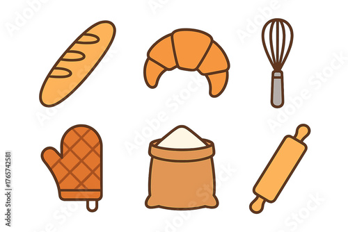 Set of essential bakery ingredients and kitchen utensils including bread, croissant, flour, oven mitt, whisk, and rolling pin