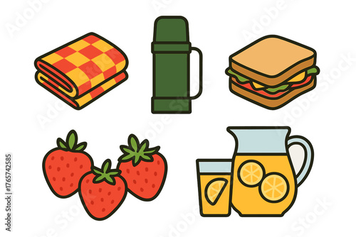 Colorful picnic elements set including blanket, insulated thermos, sandwich, and citrus drink