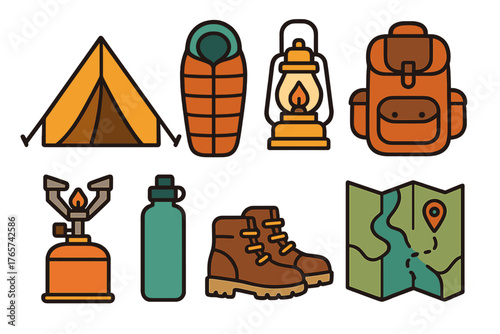 Essential outdoor adventure and camping equipment including tent backpack sleeping bag and map