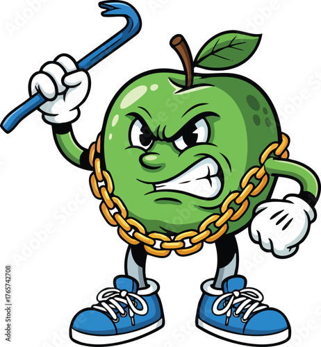 Cartoon green apple with a gold chain and blue sneakers