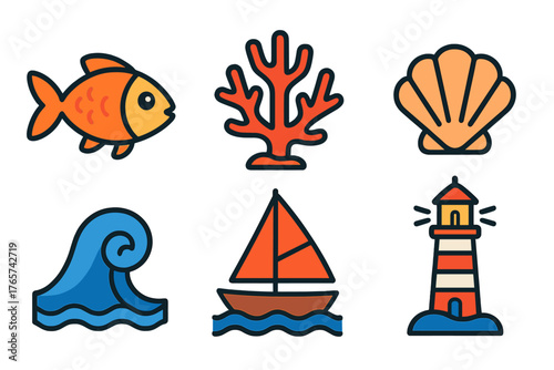 Colorful marine and nautical symbols: fish, coral, seashell, wave, sailboat, lighthouse