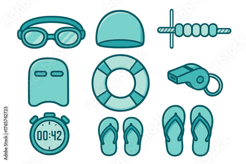 Set of various aqua colored objects used for competitive swimming and water safety activities