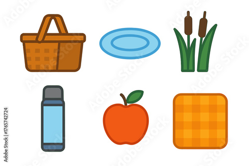 Essential picnic items collection including woven basket, checkered blanket, thermos, and apple