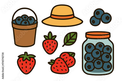 Fresh summer berry harvest items including strawberries, blueberries, picking bucket, jar, and sun hat