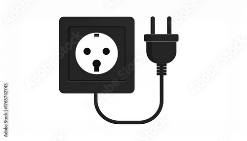 Minimalist black electrical wall socket and power plug with cord isolated on a white background, a concept of energy and household electricity