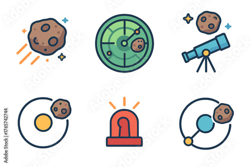 Space exploration and astronomical hazard symbols: asteroid, radar, telescope, orbit, and warning light