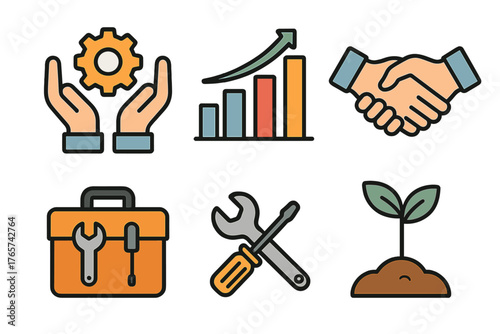 Business development concepts showing partnership, growth, service, and maintenance symbols