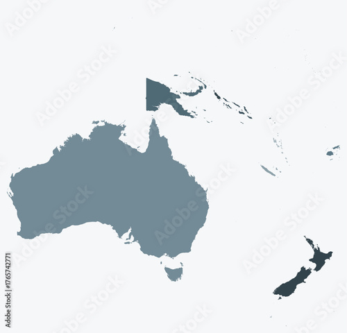 Map of Oceania with countries. Just a simple continent border map with country division. Blue grey color palette. Plain Oceania shape with administrative division. Vector illustration.