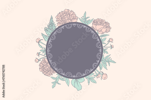 Floral circle frame with pastel peonies and greenery illustration, elegant botanical artwork for invitations, cards, and branding design