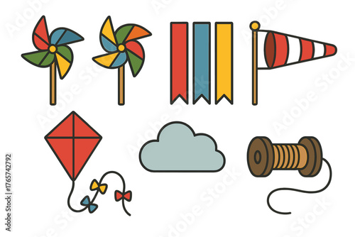 Colorful set of wind and flying related objects including kite, pinwheels, and windsock