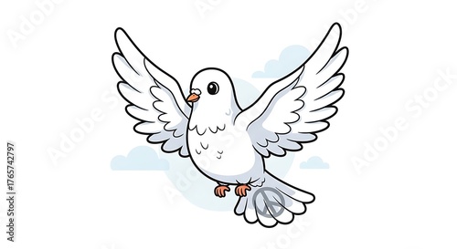 Cartoon White Dove Flying in Sky with Clouds for Peace and Nature Themes