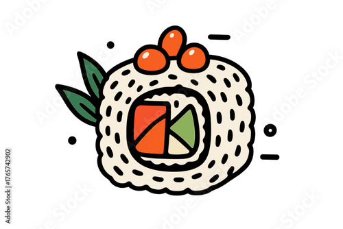 Stylized Japanese maki sushi roll with bold outline, garnished with bright orange fish roe and green leaves