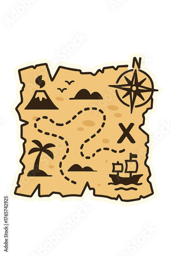 Antique parchment treasure map with dotted route to buried X mark, volcano, palm tree, and sailing ship