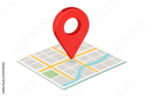 Isometric map with a large red location pointer indicating a specific destination or GPS coordinate
