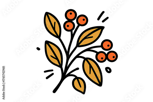 Minimalist autumn branch with orange berries and golden leaves on white background