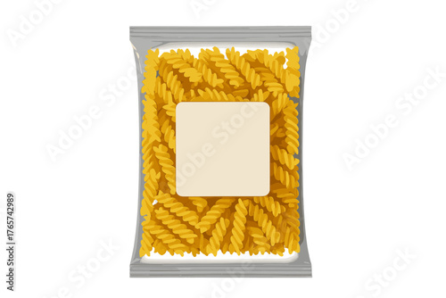 Clear plastic package of dry fusilli pasta spirals with blank label mockup isolated on white