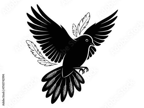 Black dove with feathers flying isolated on transparent background, symbol of peace and freedom illustration
