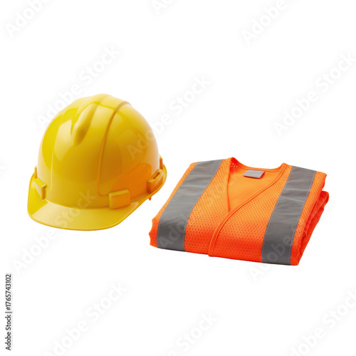 Safety gear: Hard hat and high-visibility vest.