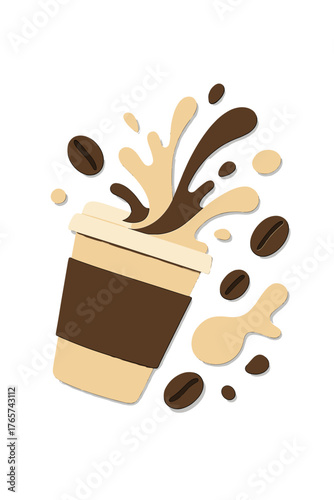 Paper cut coffee cup with splashing liquid and floating beans on white background
