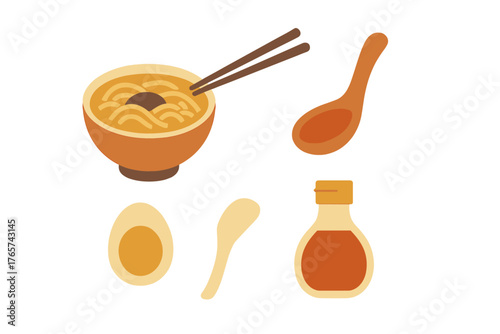 Japanese ramen bowl with chopsticks, boiled egg, sauce bottle, and spoons