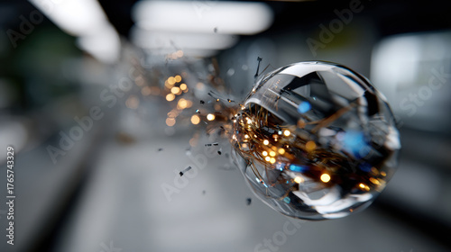 An eye-catching image of a dynamic glass sphere bursting with radiant lights, symbolizing innovation and energy within a futuristic context filled with abstraction.