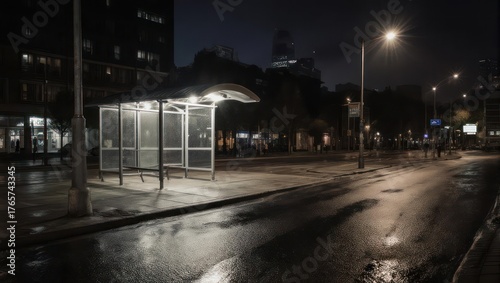Fototapeta Naklejka Na Ścianę i Meble -  Empty bus stop at night with wet pavement reflecting streetlights.