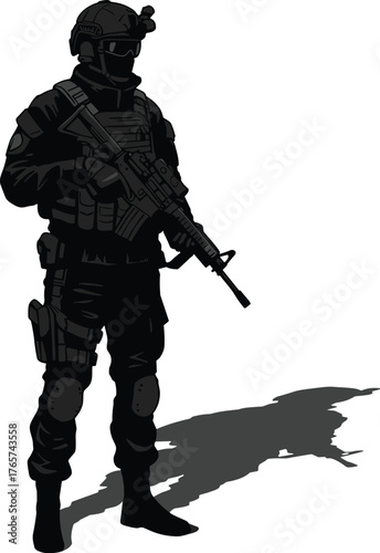 Silhouette, soldier, tactical gear, rifle, combat, helmet, military, warfare, shadow, army, defense, security, battlefield, armed, war, mission, operator, protection, equipment, readiness