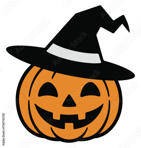 Photos Smiling pumpkin wearing a witch hat a vector illustration for Halloween isolated