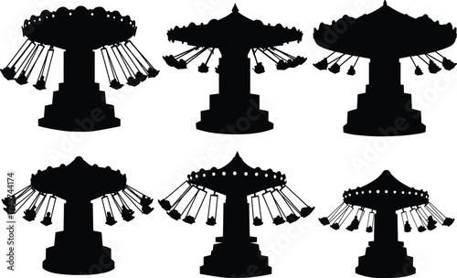 Swing ride silhouettes, amusement park vector, chair-o-plane design, wave swinger graphic, rotating canopy illustration, carnival attraction, fairground ride, black theme, entertainment icon