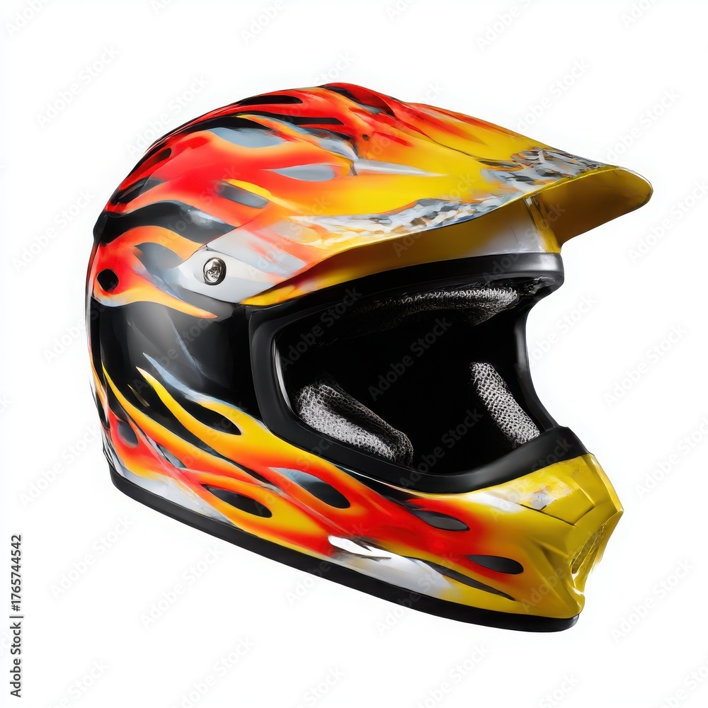 Fototapeta premium Colorful flame pattern motocross helmet isolated on white background